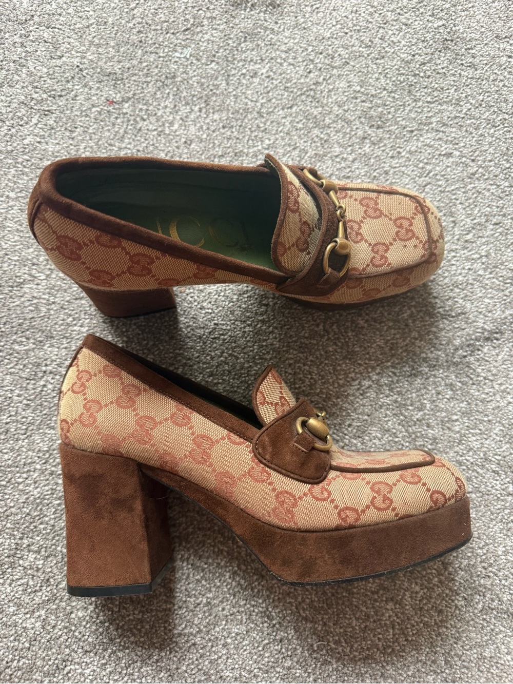 Gucci GG Monogram Suede Houdan Mid Heel Platform Loafers